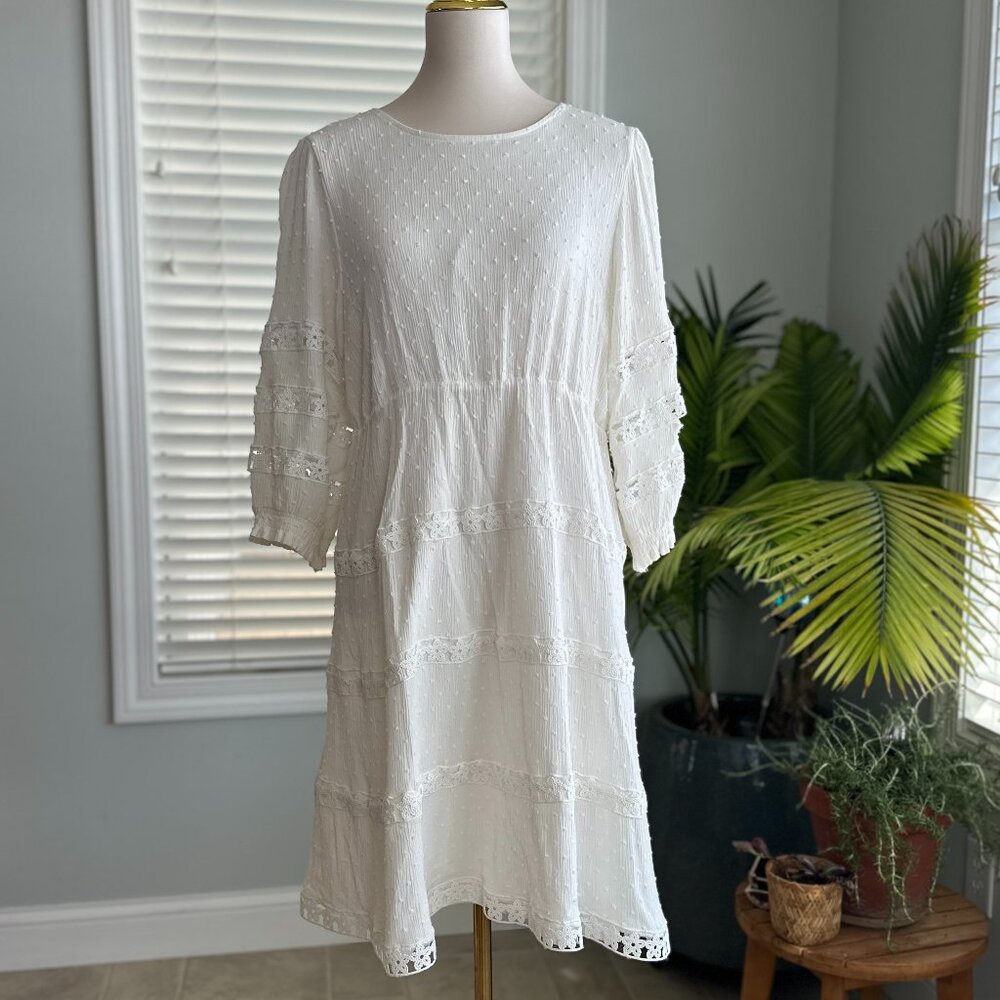 One Loved Babe White Long Sleeved Raised Polka Dot Eyelet Midi Dress Sz XL